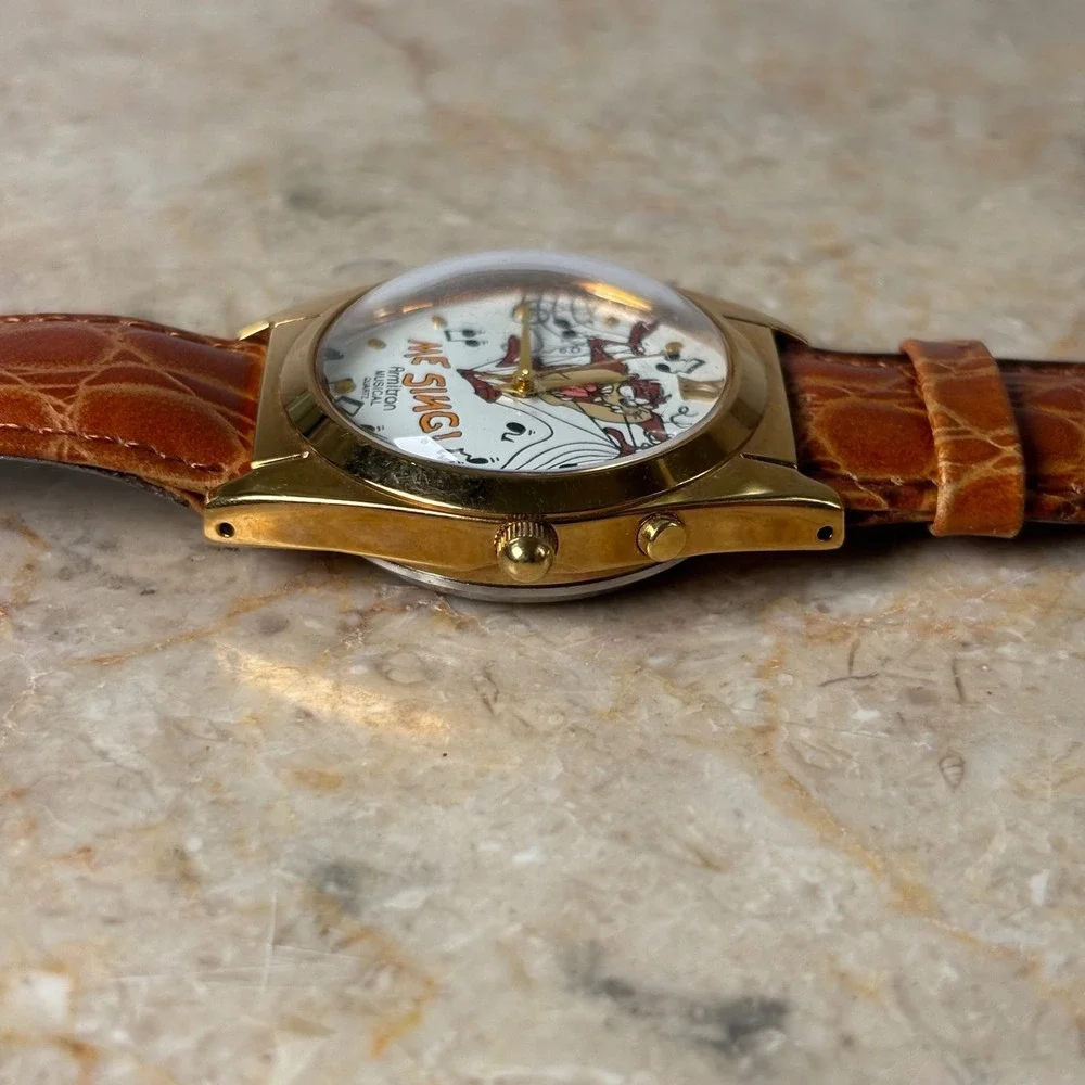 Armitron Looney Tunes Taz Musical Watch Gold Brown Leather Vintage 90s OS